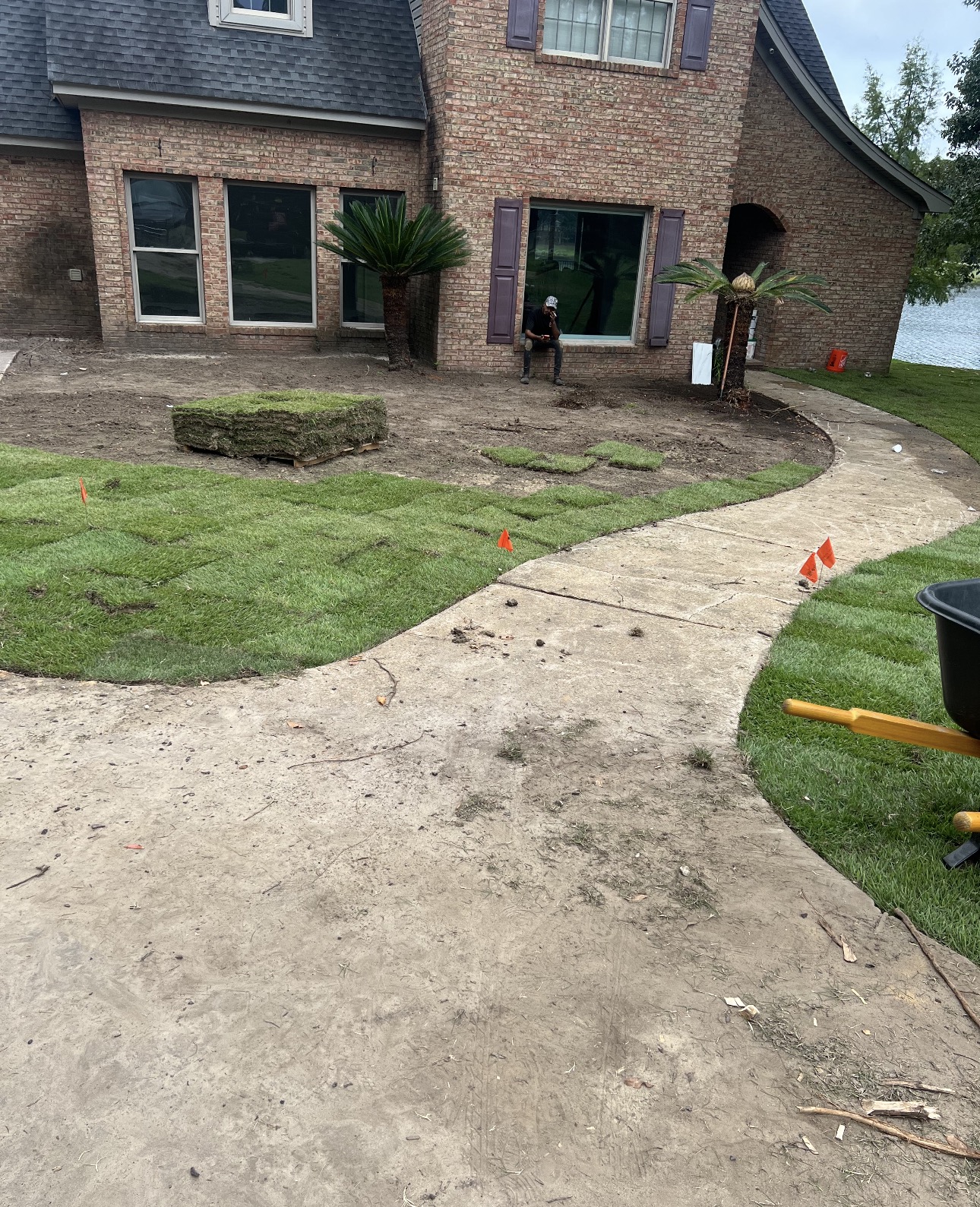 Sod installation at a brick home